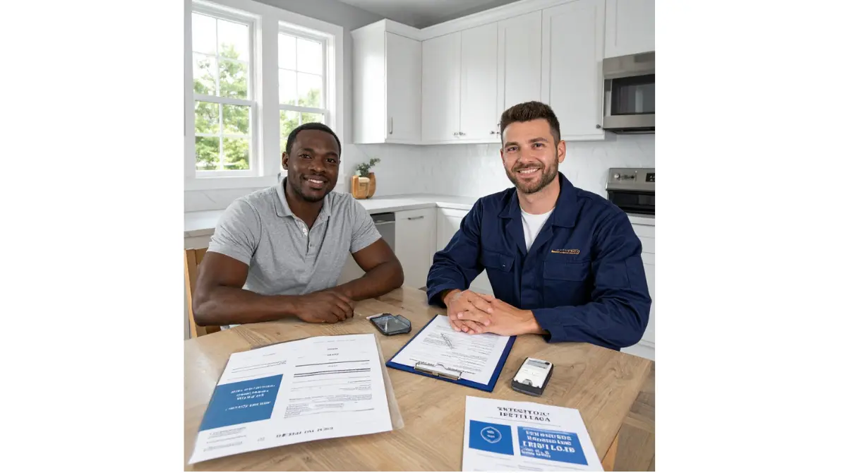 Homeowner reviewing license, insurance, and estimate documents with an HVAC Contractor before hiring