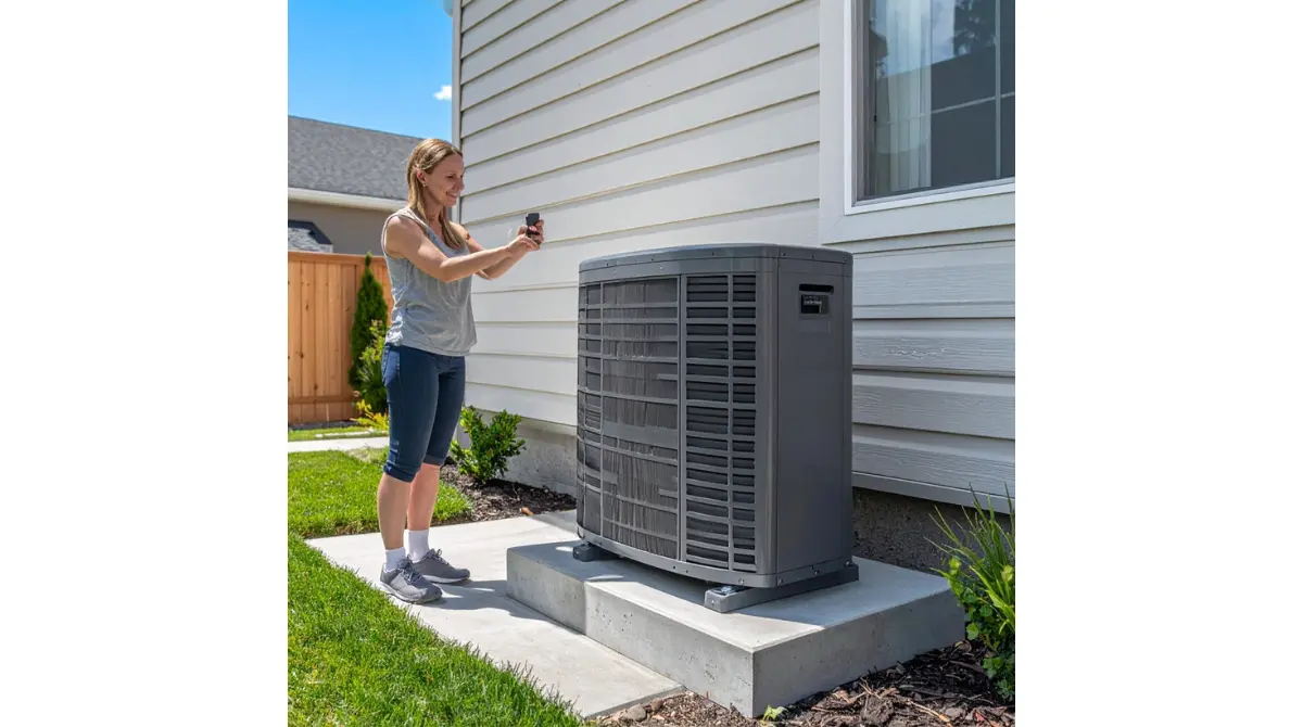 Homeowner photographing an outdoor HVAC condenser data plate to find the age of the unit
