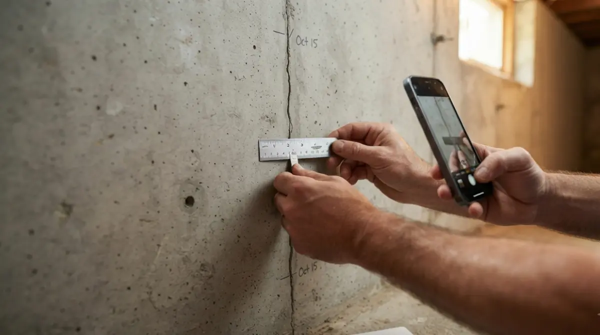 Foundation Crack being measured with a ruler while the homeowner documents its width