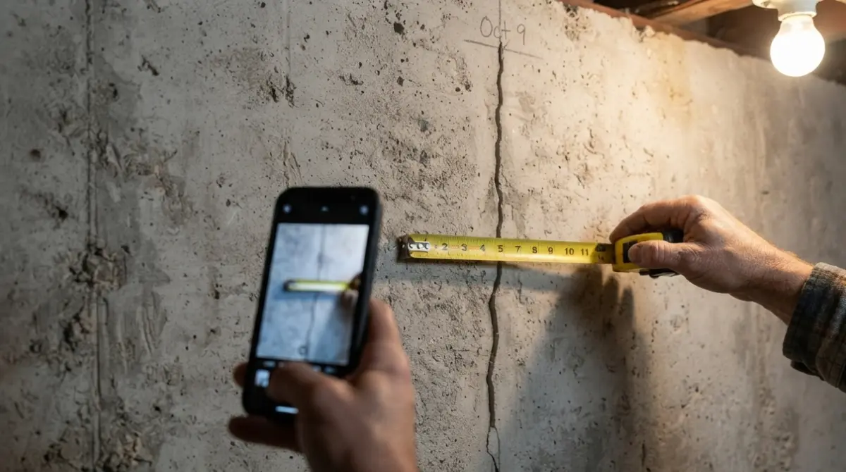 Homeowner measuring and marking a Foundation Crack with a tape measure and pencil while taking a photo