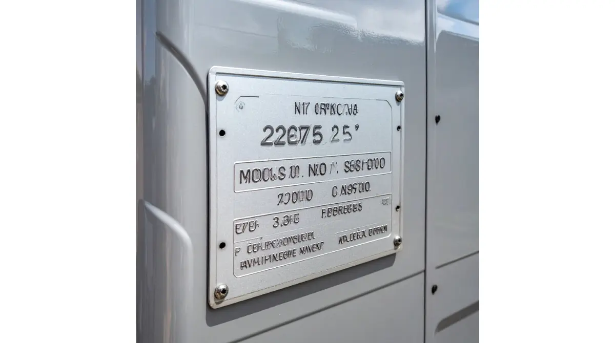 HVAC data plate showing model number, serial number, refrigerant type, and details used to determine unit age