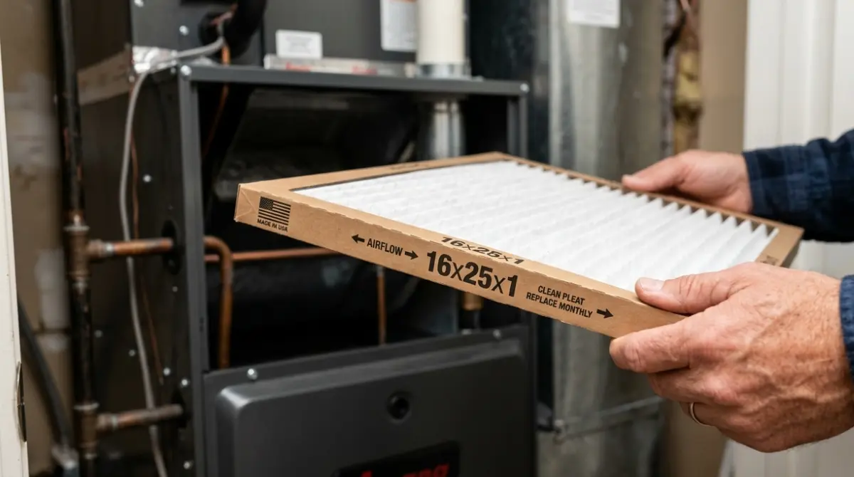 Homeowner holding an HVAC Filter with the printed size 16x25x1 visible on the frame