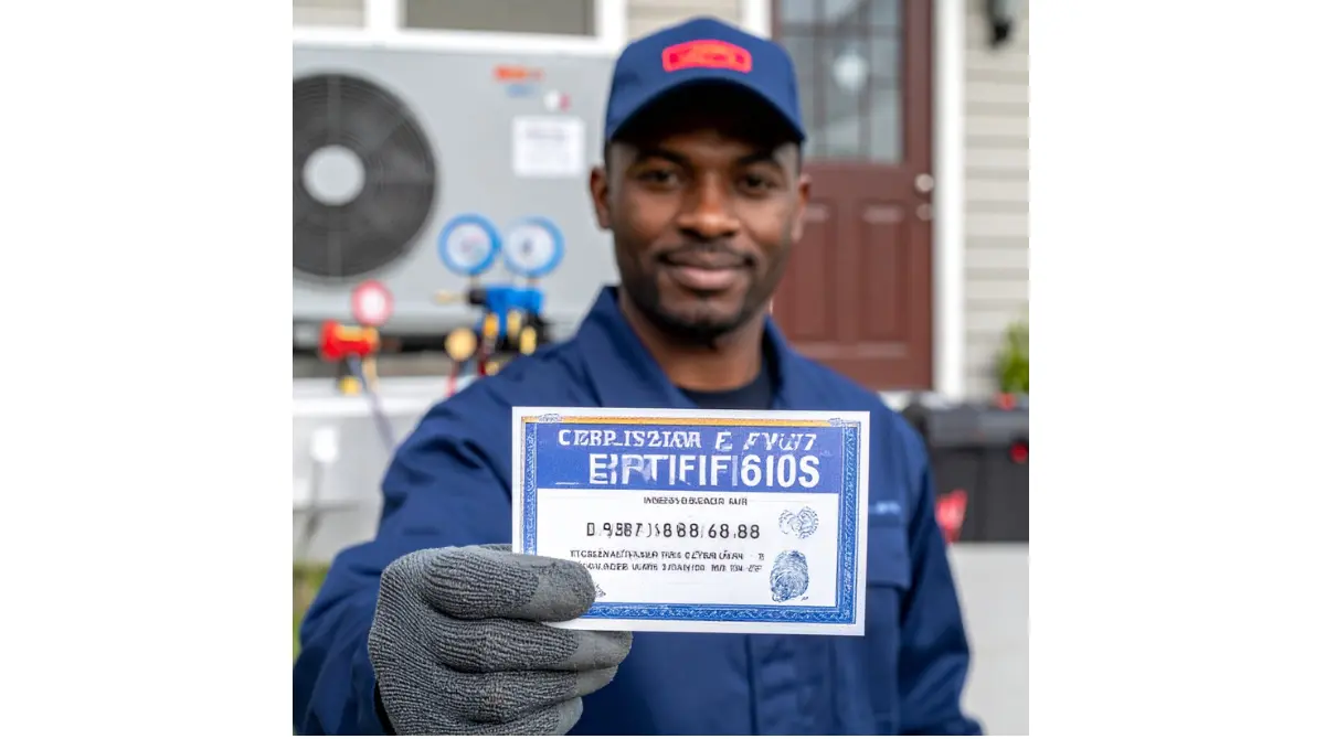 HVAC Contractor technician showing an EPA Section 608 certification card beside air-conditioning equipment