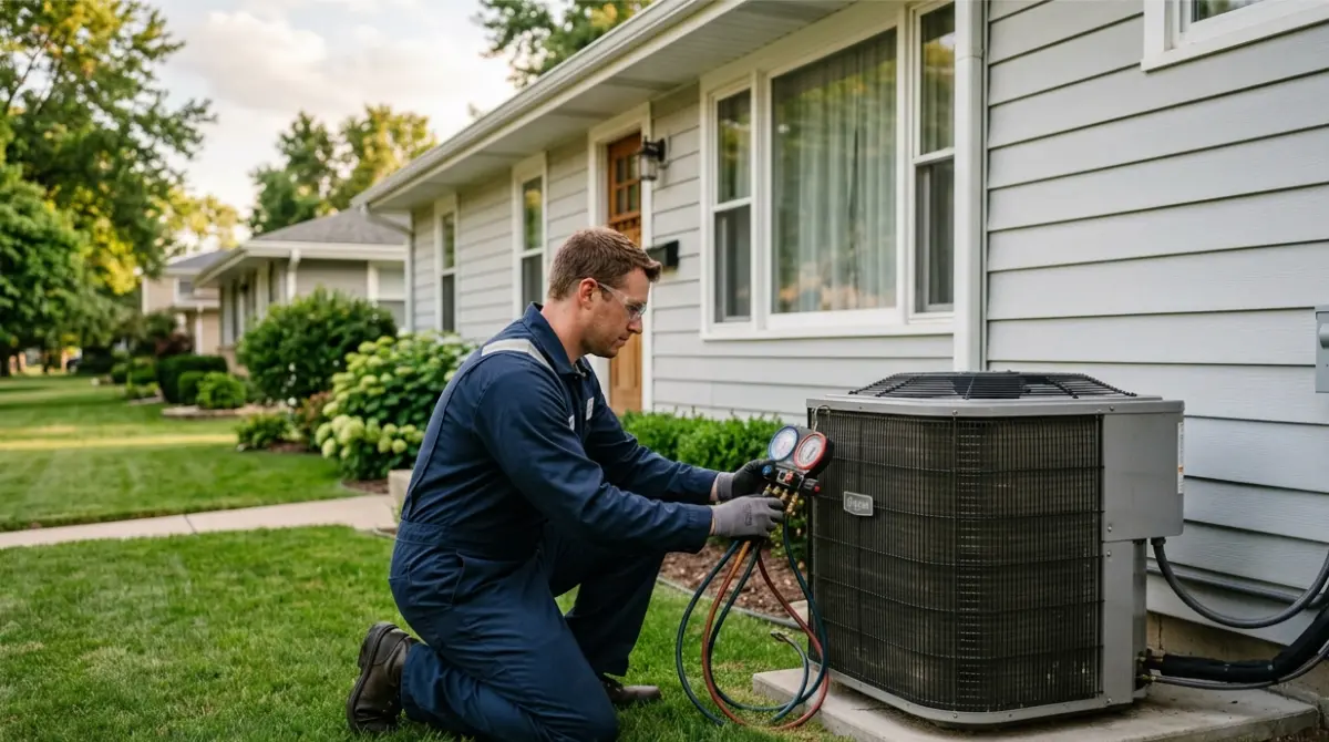 HVAC technician inspecting an outdoor air conditioner condenser beside a residential home.