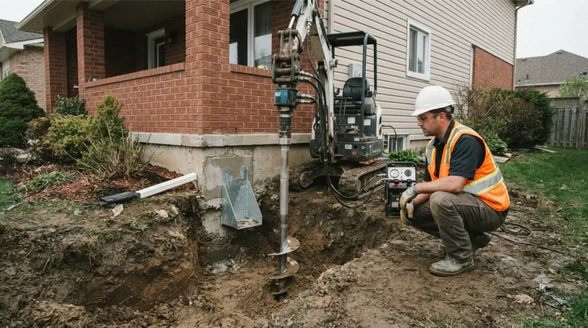 Hydraulic push pier and helical piers installation beneath a concrete footing