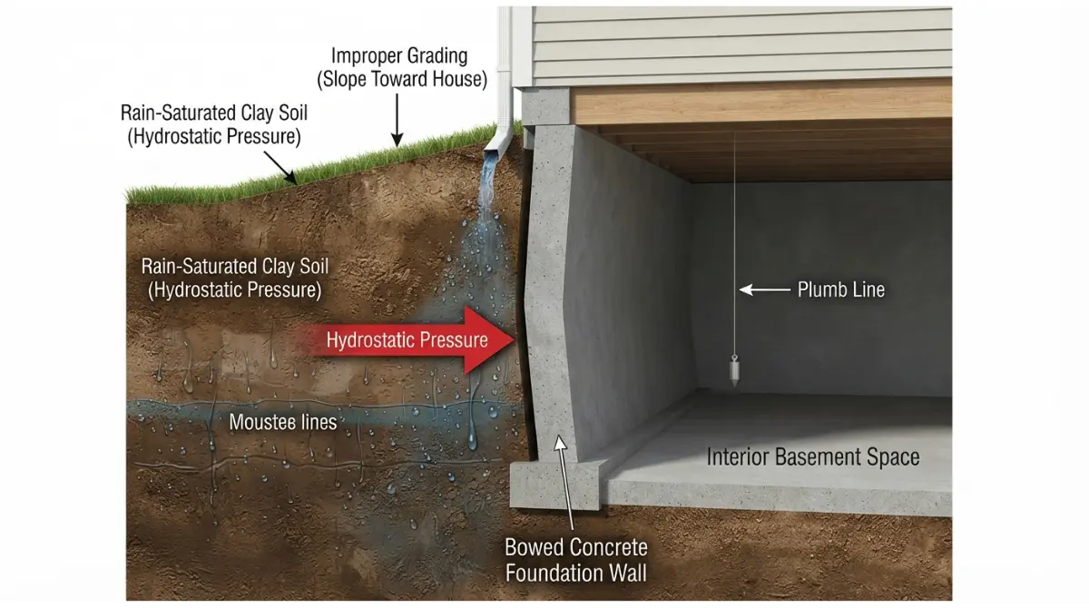 Cross-section diagram showing hydrostatic pressure from saturated soil pushing against Bowing Basement foundation wall