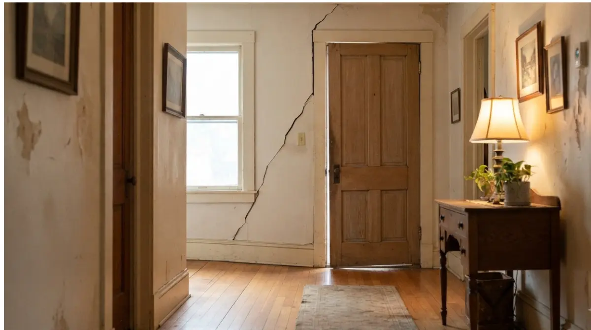 Interior warning signs of foundation problems including sticking doors, wall cracks, and sloping floors