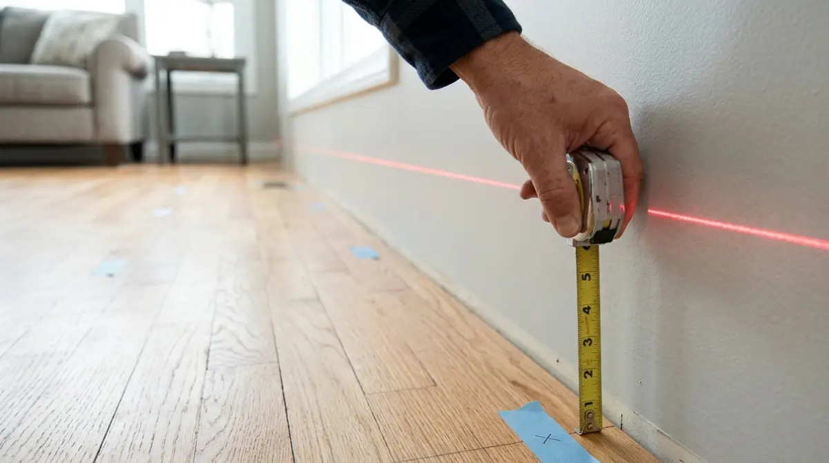 Laser Level line and upright tape measure at a marked floor-measurement point.