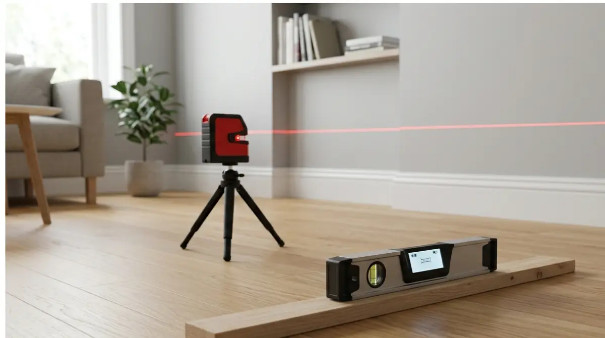 Laser Level projecting a room-wide reference line beside a digital level for a spot check.