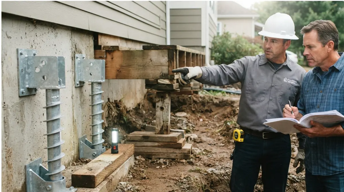 Contractor explaining lifetime and limited terms in a Foundation Repair Warranty to a homeowner.