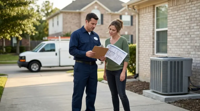 HVAC technician and homeowner reviewing a Manual J Load Calculation report beside an outdoor air conditioner