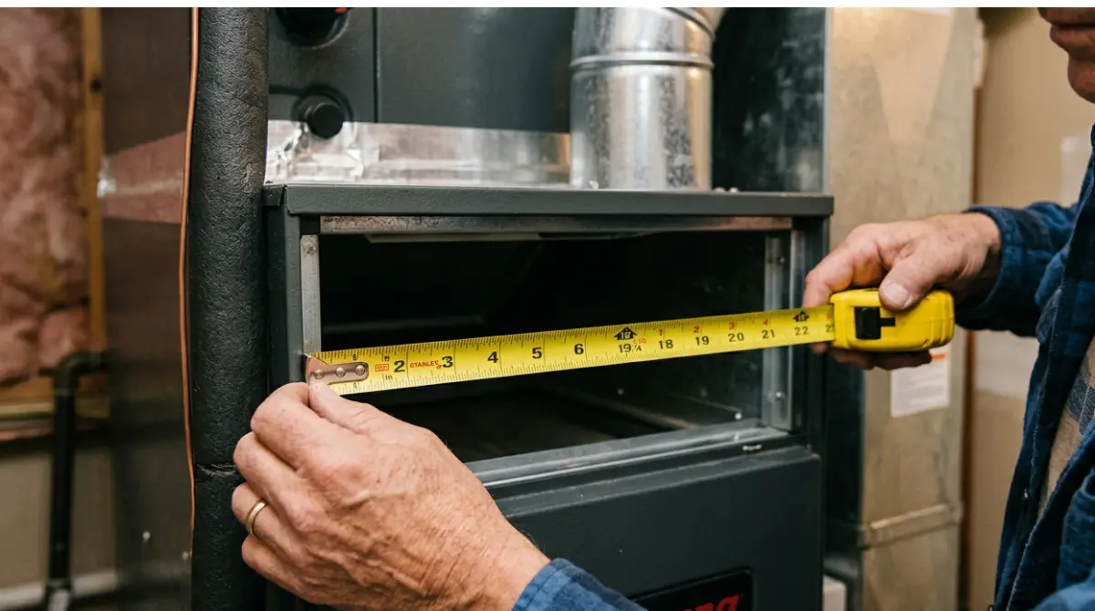 Person measuring the width of an HVAC Filter slot with a tape measure