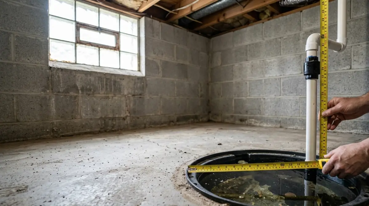 Homeowner measuring the diameter of a Basement sump pit and vertical lift of its discharge pipe