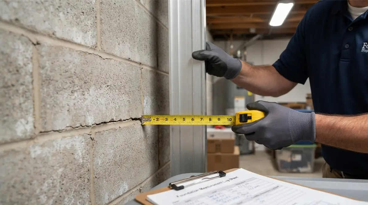 Homeowner measuring Bowing Basement wall deflection using a straightedge and tape measure to document inward curve
