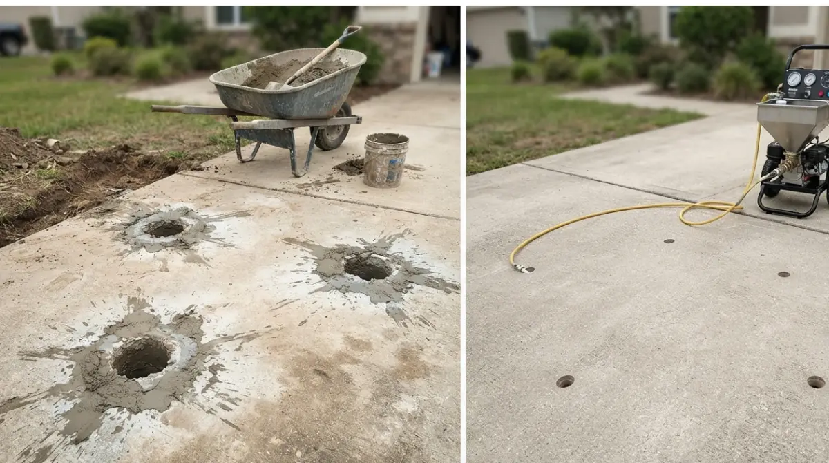Side-by-side view of mudjacking with larger holes and foam lifting with smaller holes – Mudjacking vs Foam cost