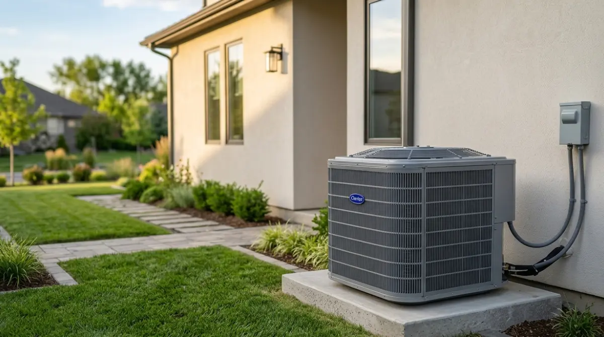 Outdoor AC Unit with proper clearance around all sides and open space above the fan
