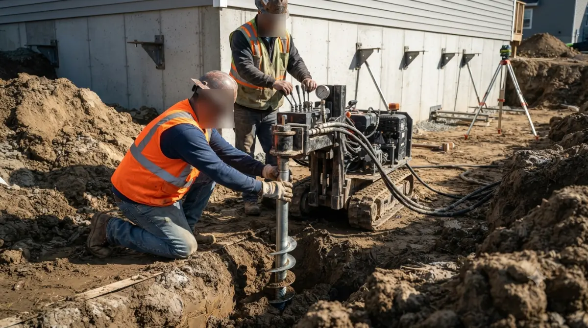Construction crew installing helical piers with hydraulic equipment during day two of Foundation Repair project showing active on-site work