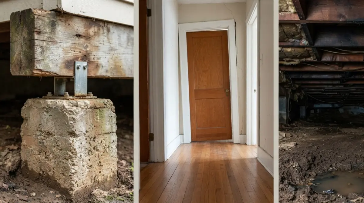 Three areas where foundation problems occur: concrete piers, sloping floors, and damp crawl spaces