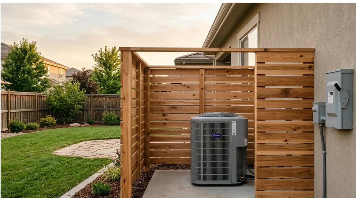 Open-slat wooden screen around three sides of an outdoor AC Unit with the service side and top left open
