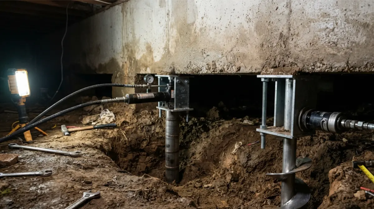 Close-up of push and helical piers being installed during a Foundation Repair project