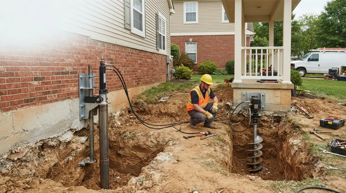 Push piers vs helical piers supporting a residential foundation during repair