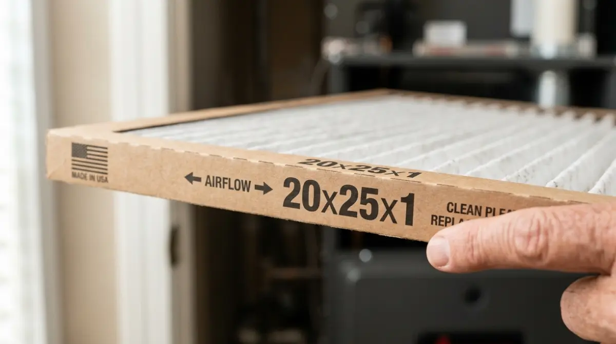 Close-up of an HVAC Filter frame showing printed dimensions 20x25x1