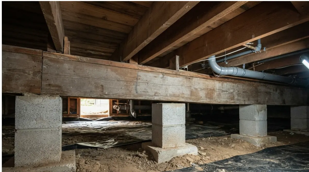 Sagging Floors caused by a settled crawl-space pier beneath a wooden girder