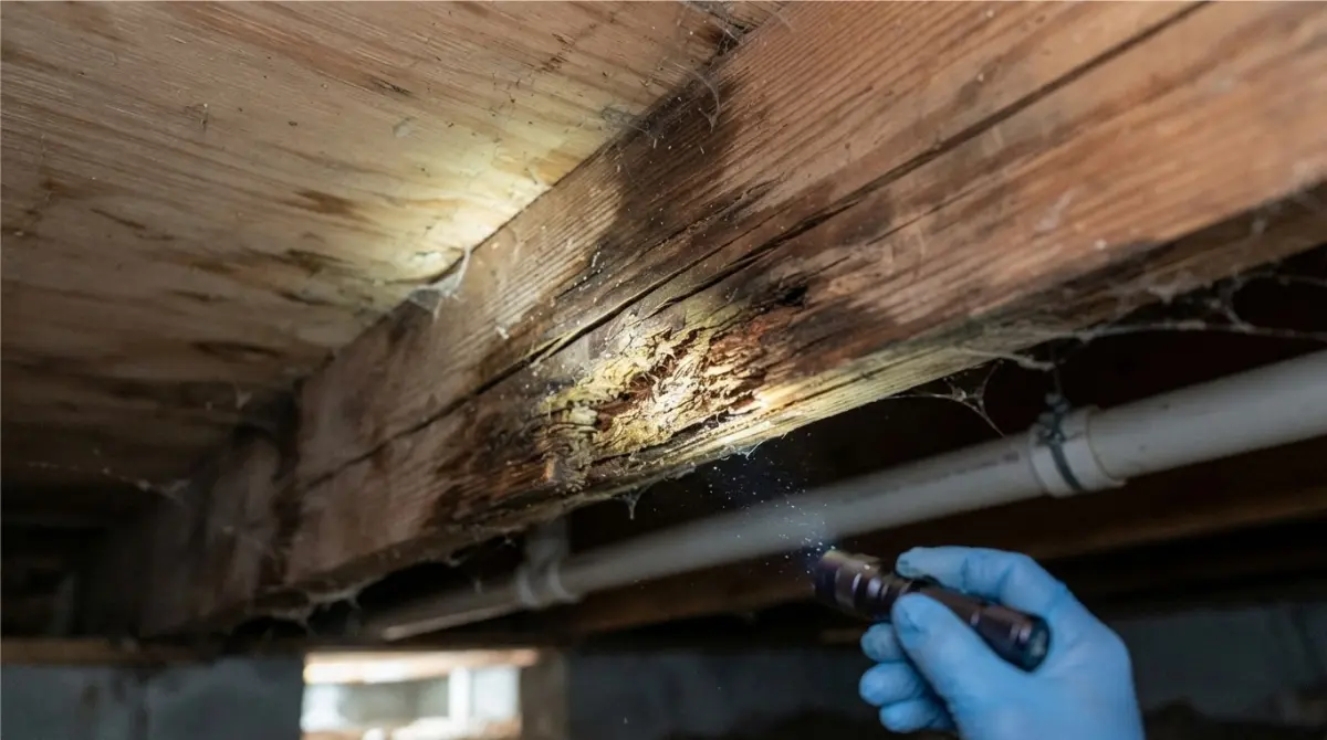 Sagging Floors associated with a wet, cracked crawl-space joist showing visible wood decay