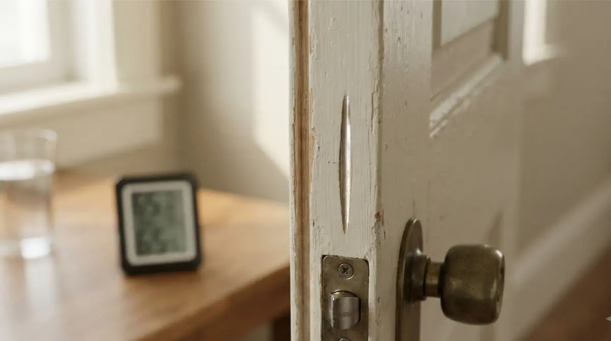 Sloping Floors beside a wooden door rubbing against its frame in humid weather.