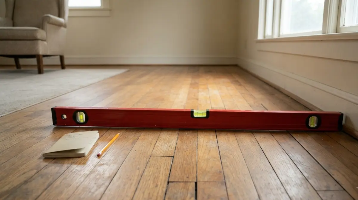 Sloping Floors measured with a spirit level in an older residential room.
