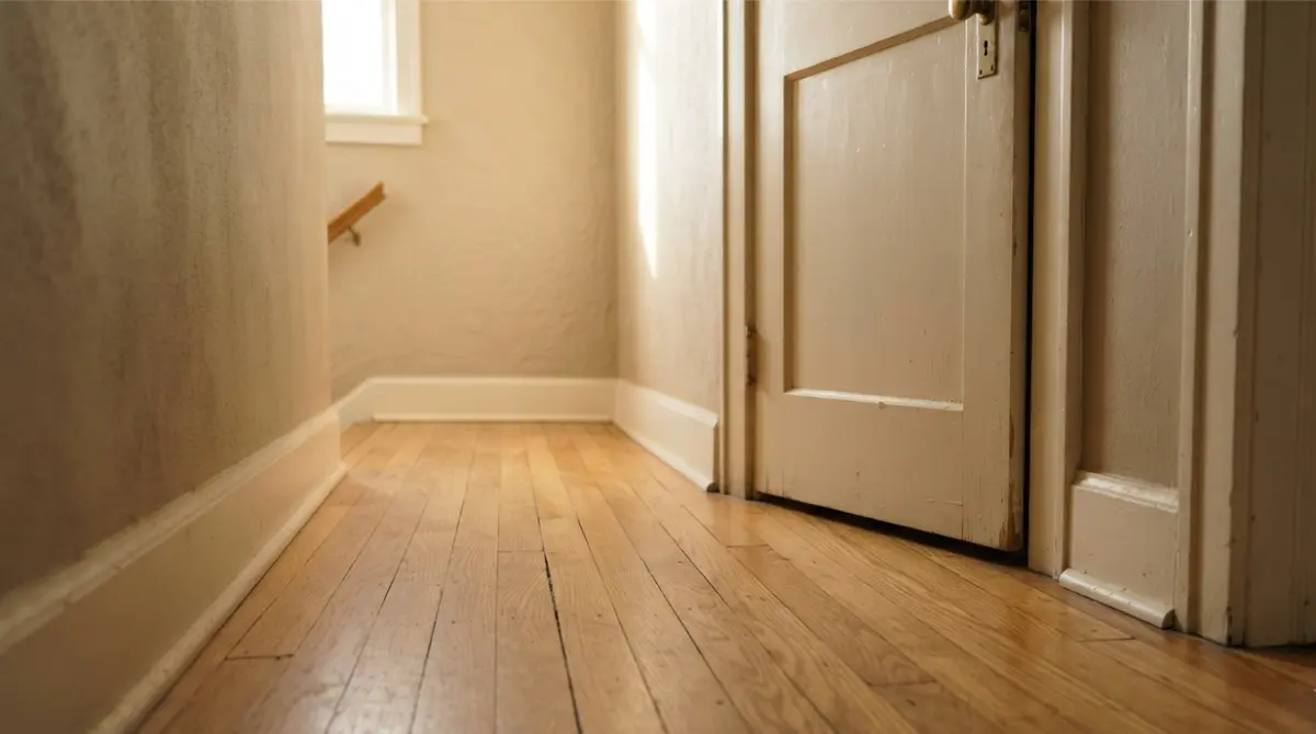 Sloping Floors leading to a slightly misaligned sticking wooden door.