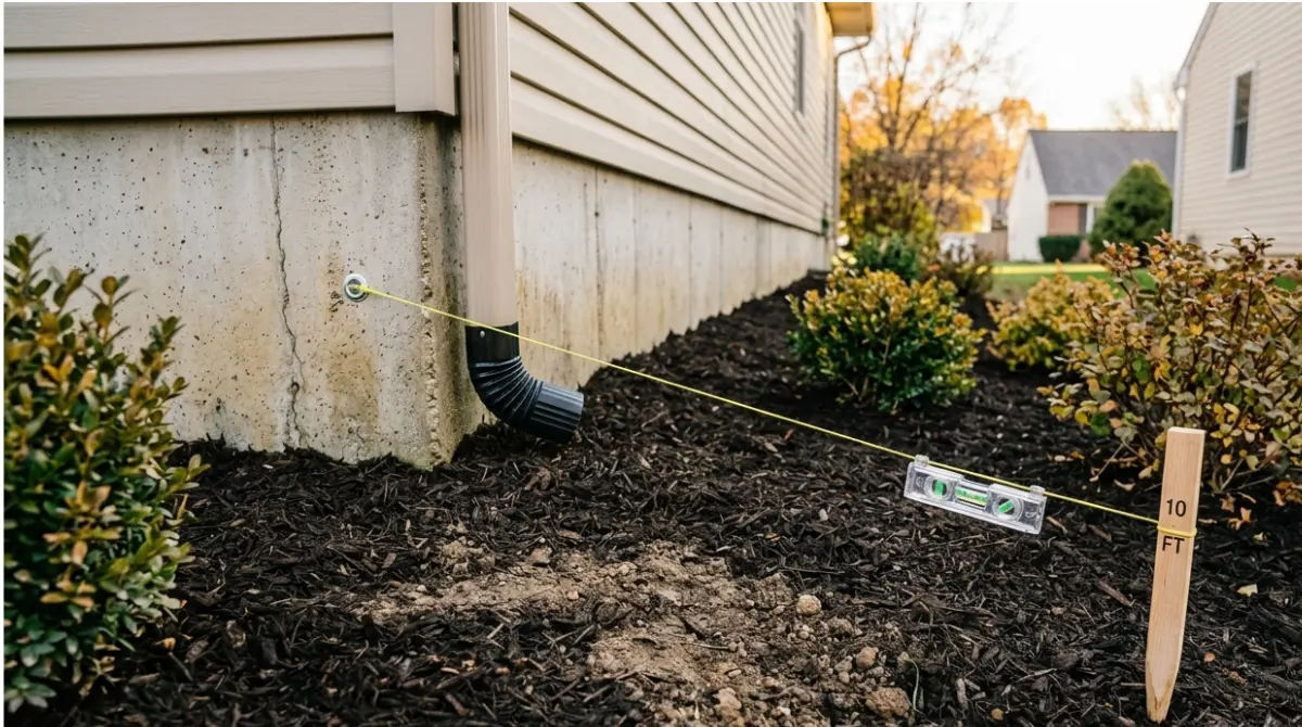 Soil graded to slope away from a house foundation with a string line and level during a fall foundation Checklist