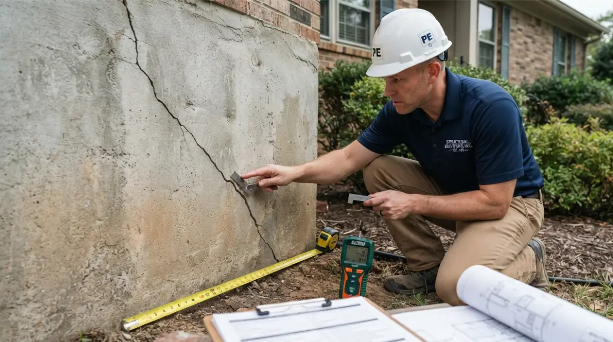 Licensed structural engineer inspecting Foundation Repair cracks with clipboard and measuring tools during residential home assessment