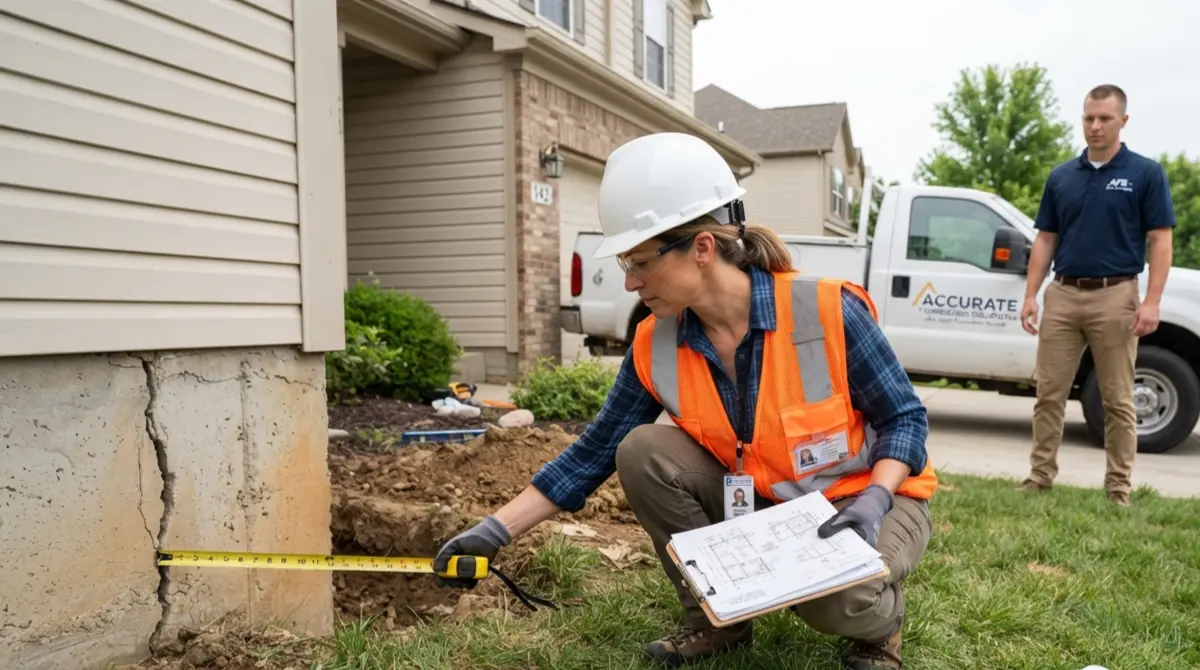 Licensed structural engineer performing a Foundation Repair inspection with measuring tape and clipboard