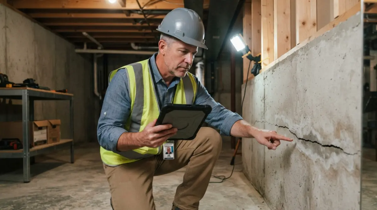 Licensed structural engineer inspecting horizontal crack and bowing in basement foundation wall for frost heave foundation assessment

