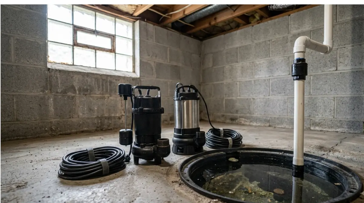 Two submersible sump pumps beside an open Basement sump pit for a standard wet Basement