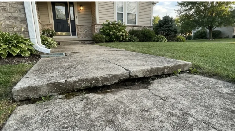 Sunken concrete slab on a residential walkway showing a trip hazard – Mudjacking vs Foam