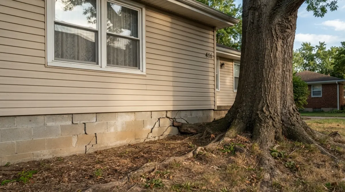 Large mature trees near house foundation showing potential risk and root proximity