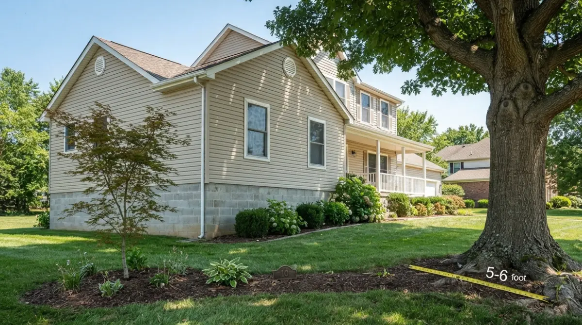 Yard showing correct and incorrect planting distances for trees near foundation with measuring cues