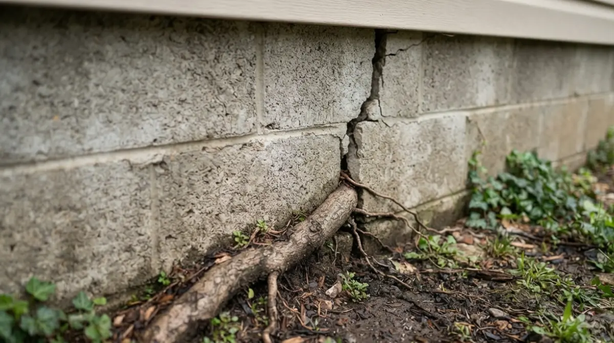 Close-up of tree roots near foundation entering a visible crack in the concrete wall