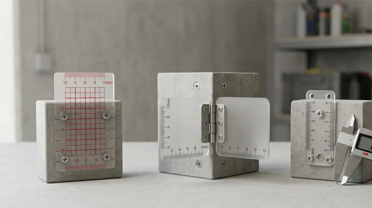 Crack Monitor Gauge types, including a flat tell-tale, hinged corner gauge, and calipers
