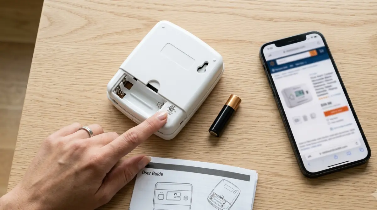 Close-up of a UL 2034-listed CO Detector with battery backup, user manual, and digital display