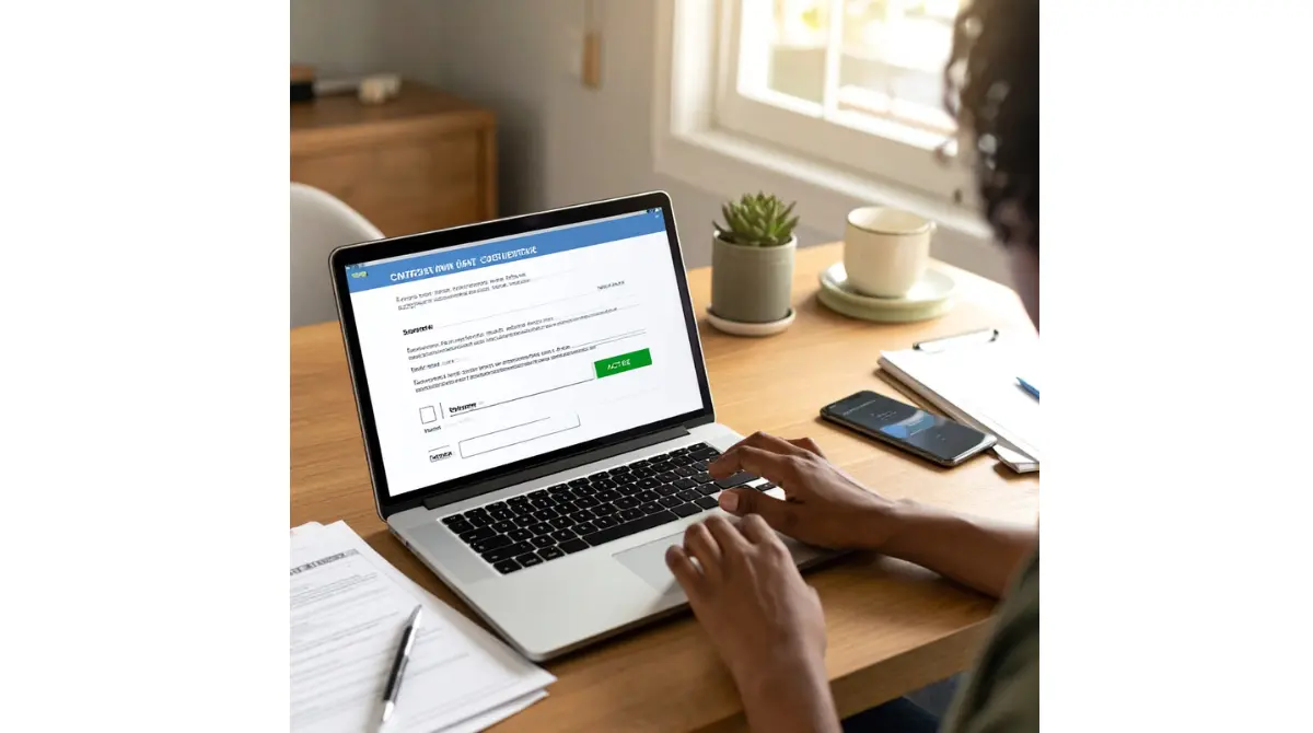 Homeowner using a laptop to verify the state license and insurance of an HVAC Contractor