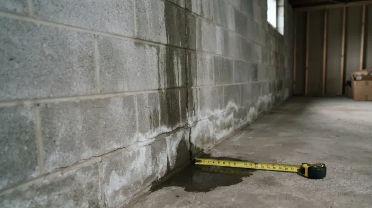 Wet basement walls with damp streaks and a hairline crack, illustrating when to choose foundation repair or waterproofing