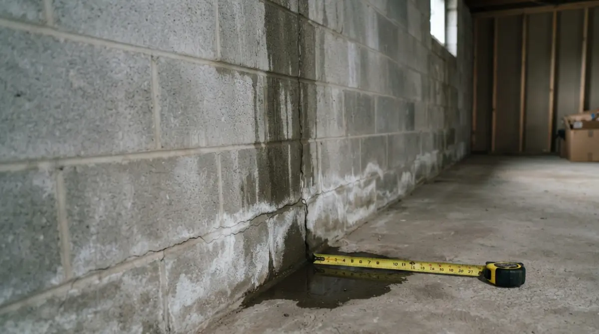 Wet basement walls with damp streaks and a hairline crack, illustrating when to choose foundation repair or waterproofing
