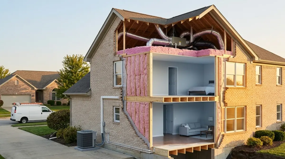 Cutaway view of a home showing insulation, windows, orientation, and ductwork evaluated in a Manual J Load Calculation