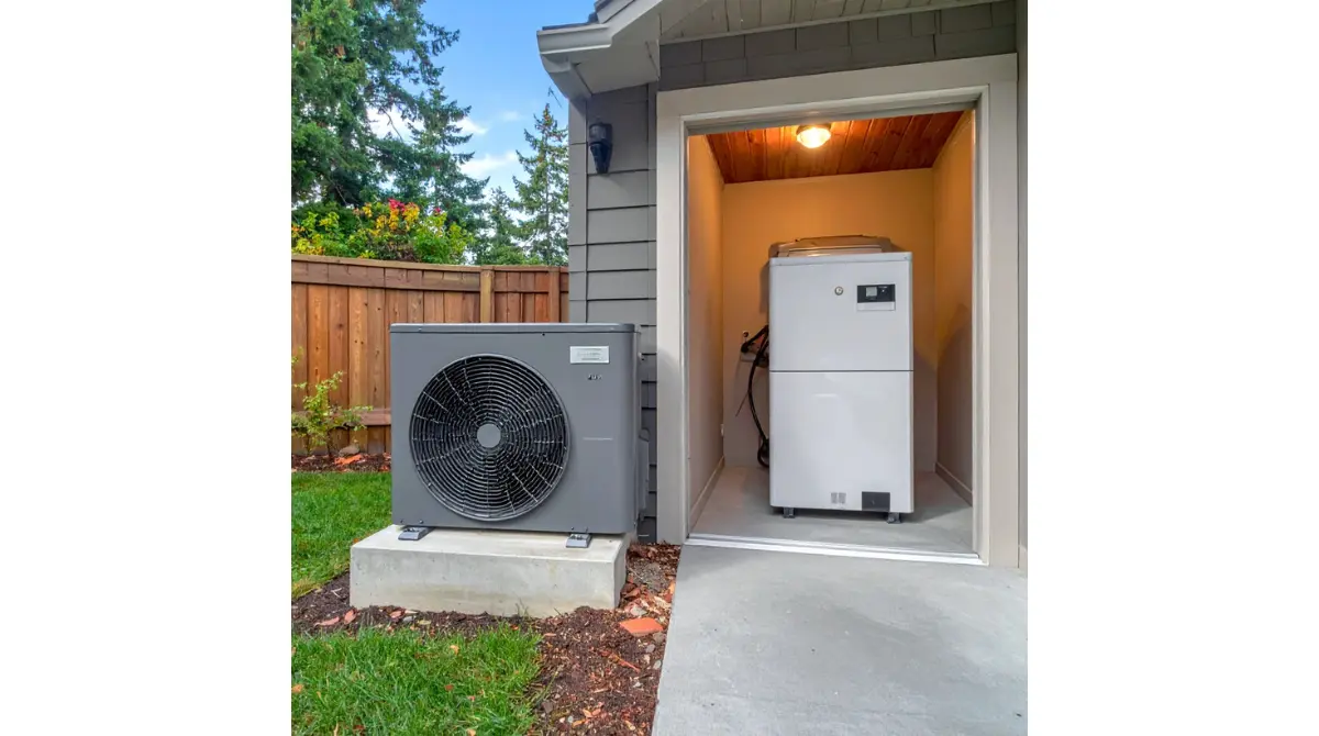 Outdoor HVAC condenser and indoor furnace air handler with data plates used to find the age of each unit