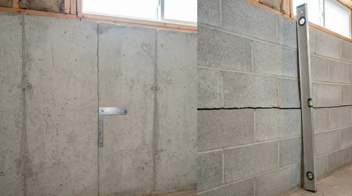Side-by-side basement walls showing a safe vertical Foundation Crack and an unsafe horizontal Foundation Crack with bowing